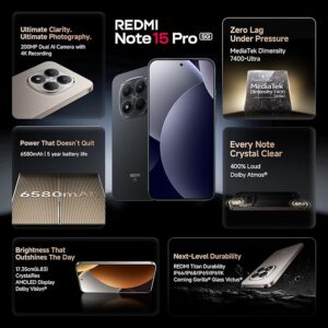 REDMI Note 15 Pro 5G (Carbon Black, 8GB+128GB) | 200MasterPixel OIS Camera | Dimensity 7400-Ultra | 17.3cm CrystalRes AMOLED Screen | IP66/68/69/69K | Mega 6580mAh Si/C Battery | 45W Fast Charging
